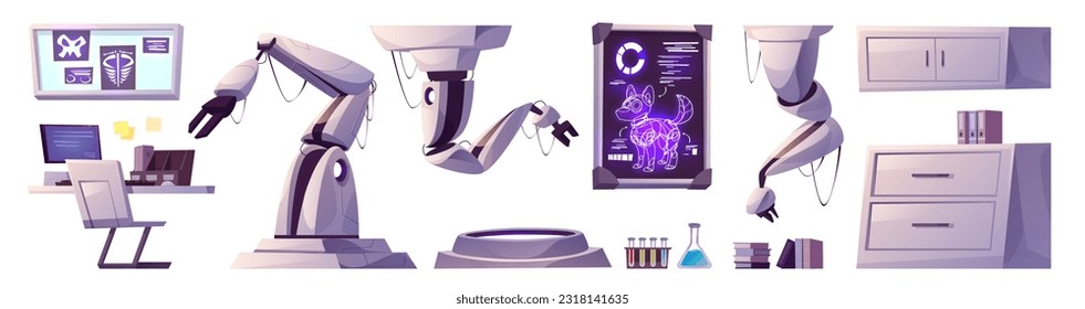 Laboratory robot and furniture cartoon vector set. Science research in lan with medical and chemistry technology for dog transformer experiment. Nanotechnology machine in factory for modification.