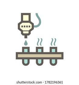 Robot vertiendo agua caída en el tubo de ensayo en el diseño de iconos vectoriales de procesamiento de laboratorio químico en fondo blanco. 