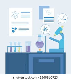 Laboratory room concept. Equipment for scientific and chemical experiments. Microscope with test tube with reagent. Biotechnology and pharmaceuticals. Flat vector illustration