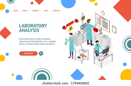 Laboratory Room with Furniture Landing Web Page Isometric View Include of Equipment, Tube, Flask, Computer and Microscope. Vector illustration