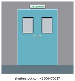 Laboratory room vector illustration. Door with glass, handle, and room name information.