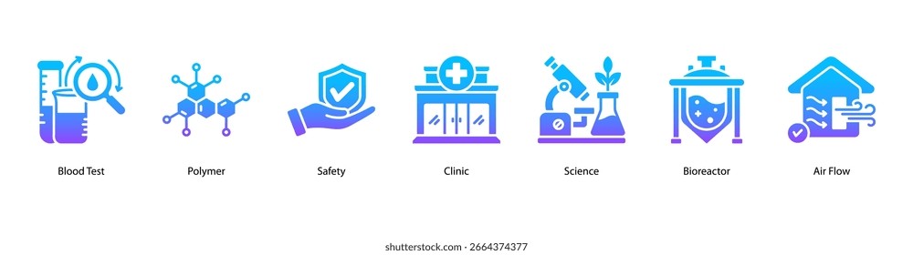 Ilustración vectorial de iconos de Anuncio de Web Essentials con análisis de sangre, polímeros, seguridad, clínica, Ciencia, biorreactor y flujo de aire.