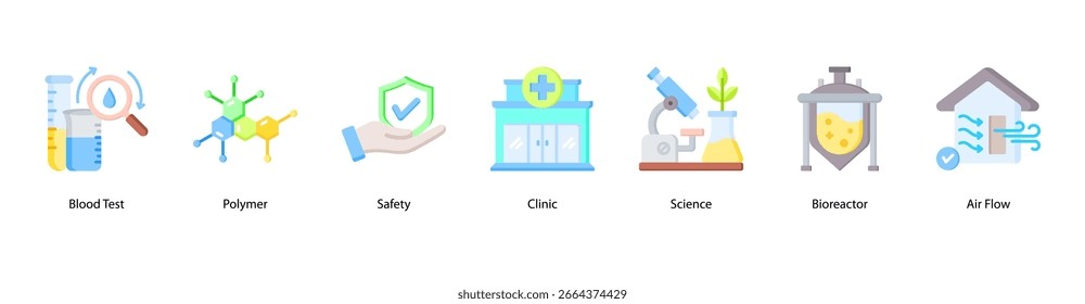 Ilustração do vetor do ícone da bandeira da Web do Laboratory Safety Essentials com o exame de sangue, polímero, segurança, clínica, ciência, biorreator e fluxo de ar.
