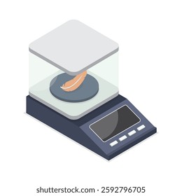Laboratory scale on white background. Measuring the weight of a feather. 3d flat isometric vector illustration.
