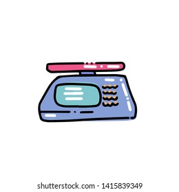 Laboratory scales. Chemical equipment in flat color outlined hand drawn childish doodle style. Color scribble print concept on white background. Kid chemistry and science.