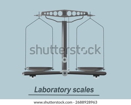 Laboratory scales illustration features a beam balance with two circular pans suspended by strings on either side of a central pole. The beam has a series of holes for weight adjustment, and the desig