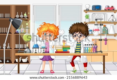 Laboratory scene with scientist cartoon character illustration