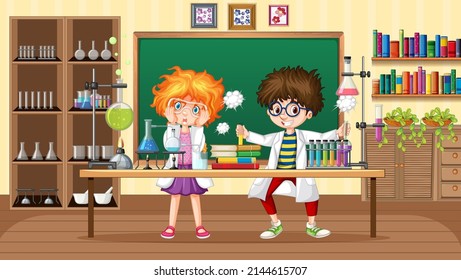 Laboratory scene with scientist children cartoon character illustration