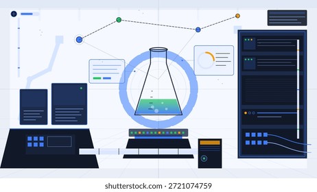 Una escena de laboratorio muestra una configuración para la investigación científica y el análisis de datos. Hay pantallas que muestran gráficos y un matraz que contiene un líquido.
