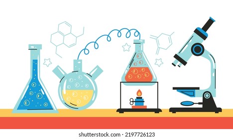 Laboratory science chemical experiment test workplace abstract concept. Vector graphic design element illustration