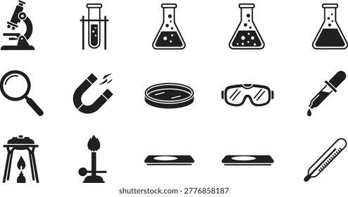 Laboratory science equipment icons collection with flask microscope test tubes