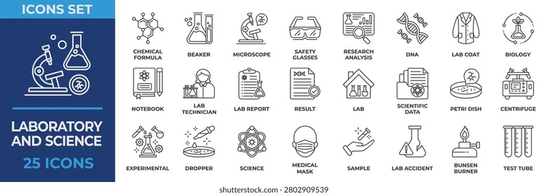 Laboratory and Science Icon Collection Set. Containing Icon laboratory, science, chemical, biology, microscope, analysis, lab, research, formula, data and goggles. Lineal Vector Illustration.