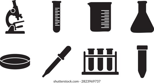 Laboratory science icon set with black microscope test tubes and chemistry research symbols