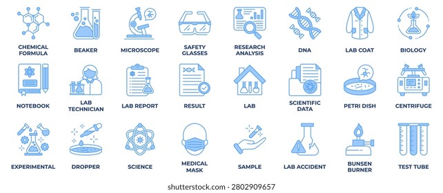 Laboratory and Science icon set collection in line blue style, an icon pack contain laboratory, science, chemical, biology, microscope, analysis, research, formula, dna, goggles. Vector Illustration.