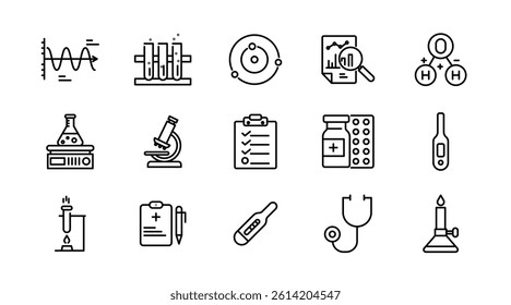 Laboratory and science line icon set. Research, DNA, scientific, analysis, test, chemical, microscope, bunsen burner, pipette, outline icon collection. UI thin outline icon pack