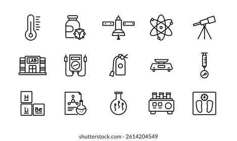 Laboratory and science line icon set. Research, DNA, scientific, analysis, test, chemical, microscope, bunsen burner, pipette, outline icon collection. UI thin outline icon pack