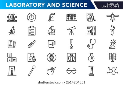 Laboratory and science line icon set. Research, DNA, scientific, analysis, test, chemical, microscope, bunsen burner, pipette, outline icon collection. UI thin outline icon pack