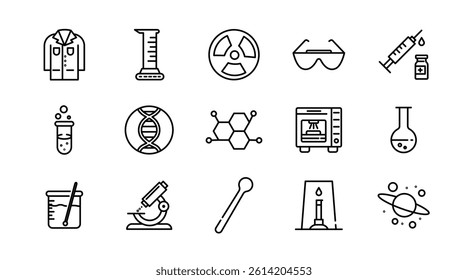 Laboratory and science line icon set. Research, DNA, scientific, analysis, test, chemical, microscope, bunsen burner, pipette, outline icon collection. UI thin outline icon pack