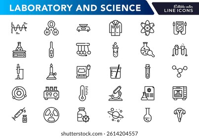 Laboratory and science line icon set. Research, DNA, scientific, analysis, test, chemical, microscope, bunsen burner, pipette, outline icon collection. UI thin outline icon pack