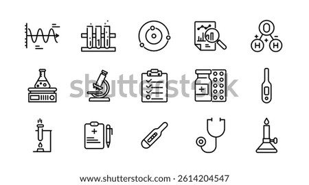 Laboratory and science line icon set. Research, DNA, scientific, analysis, test, chemical, microscope, bunsen burner, pipette, outline icon collection. UI thin outline icon pack