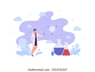 Laboratory science and medical biotechnology research concept. Vector flat character illustration. Asian female scientist hold test tube. Book and lab vial sign. Woman doctor. Chemistry symbol