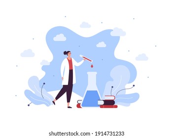 Laboratory science and medical biotechnology research concept. Vector flat character illustration. Asian female docto hold test tube with liquid drop. Woman make blood test analysis