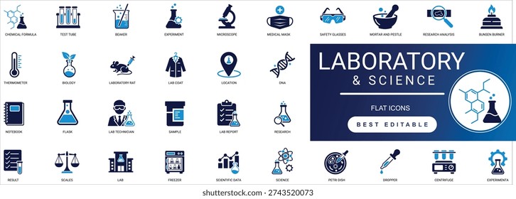 laboratory and science research solid icon set experiment, test tube, microscope, flask, chemical, biology, medical professional vector set editable