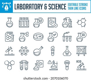 Laboratory and Science thin line icons. Chemistry and Lab equipment outline icon set. Editable stroke icons.