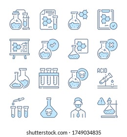 Laboratory and Scientific Equipment related blue line colored icons. Chemistry and Science Experiment icon set.