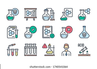 Laboratory and scientific equipment related color line icon set. Chemistry and Science Experiment colorful linear icons. Chemistry, Science and Laboratory flat color outline vector sign collection.