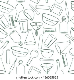 Laboratory scientific instruments on a white background. Pattern for wrapping paper, textiles, books, magazines, wrappers, packets