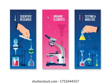 Anuncios verticales de análisis e investigación científica de laboratorio, con microscopio y frascos, ilustraciones vectoriales aisladas planas