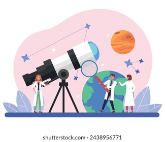 Laboratory Scientist Group Study astronomy. Stars, planets, moon by telescope. Vector illustration for website