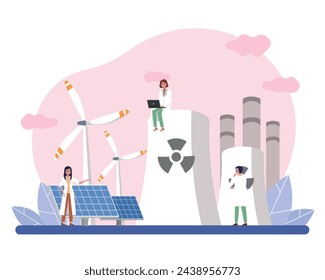 Laboratory Scientist Group Study green energy. Renewable clean energy. Vector illustration for website