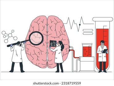 Laboratory Scientist Group Study Human Brain and Psychology. Medical Research Microscope. Head Tomography. Chemical Experiment. Diagnostics Development Hemisphere. Flat Cartoon Vector Illustration