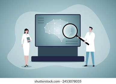 Laboratory Scientist Group Study Human Brain and Psychology. Medical Research Microscope. Head Tomography. Chemical Experiment. Diagnostics Development Hemisphere. Flat Cartoon Vector Illustration