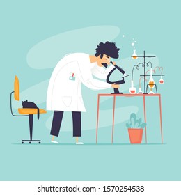 Laboratory, Scientist looks through a microscope, experiments, biology, chemistry. Flat design vector illustration.