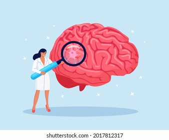 Laboratory scientist study human brain by magnifying glass. Head Tomography. Doctor diagnoses of alzheimer and dementia disease, memory loss problem. Researching in neurology, psychiatry, stroke