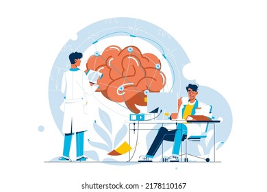 Laboratory scientist study human brain vector illustration. Brain scan in MRI machine flat style. Tomography diagnostic, healthcare concept