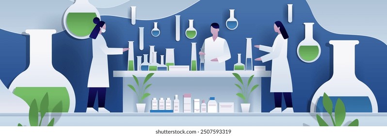 Laboratory scientists conducting experiments with flasks and test tubes in a modern lab setting with plants and shelves paper cut style