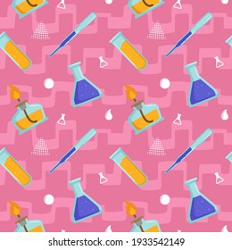 Laboratory Seamless Pattern with Pipette, Test Tube, Erlenmeyer and Alcohol Burner. You can use this design to create poster, tshirt, pillow, tote bag, pouch, phone case, etc.