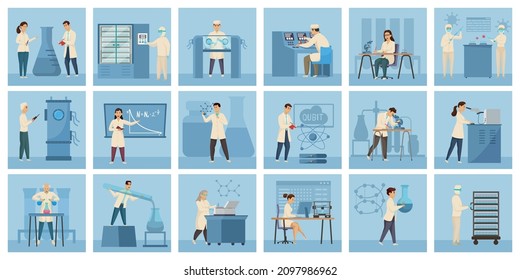 Laboratory set of eighteen square compositions with flat human characters of scientists performing tests with equipment vector illustration