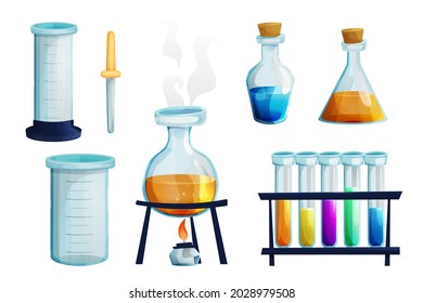 Laboratory set with glass flask with burner, test tubes with liquid, beaker, glass dropper chemistry research in cartoon style isolated on white background. Alchemy, study lab equipment. 
