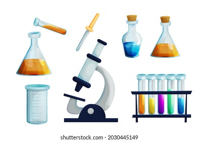 Laboratory set with glass flask with burner, test tubes with liquid, beaker, glass dropper chemistry research in cartoon style isolated on white background. Alchemy, study lab equipment. 