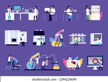 Laboratory set with isolated images of lab equipment furniture with colourful liquids and scientists human characters vector illustration