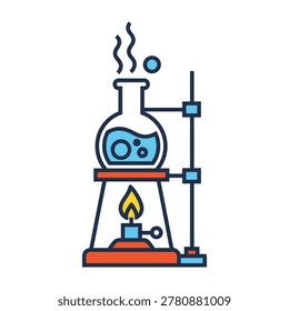 Laboratory setup with boiling flask on hot plate and flame