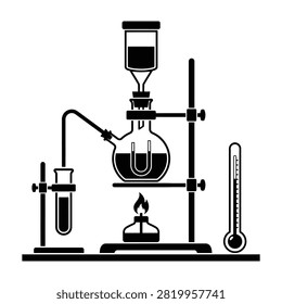 A laboratory setup for distillation, featuring a flask, condenser, and thermometer, used for separating mixtures based on differences in boiling points in a chemistry lab setting.
