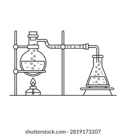 A laboratory setup for distillation with a round bottom flask and condenser on a hot plate