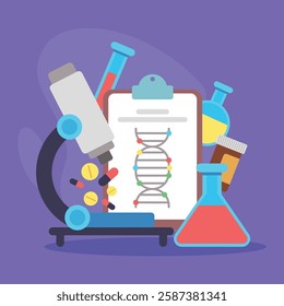 Laboratory setup with microscope, test tubes, clipboard with DNA strands, and various medicine bottles. Medical research and experimentation concept