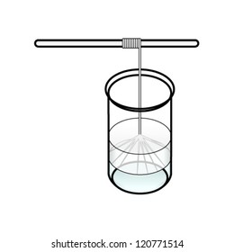 A laboratory setup - two chemicals in layers producing a polymer at their interface. The polymer is collected by winding around a glass rod.